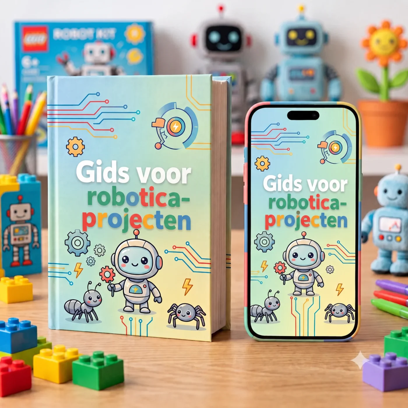 De Robotica Projectengids op een tablet, telefoon en papier, omringd door afgewerkte projecten die kinderen hebben gebouwd